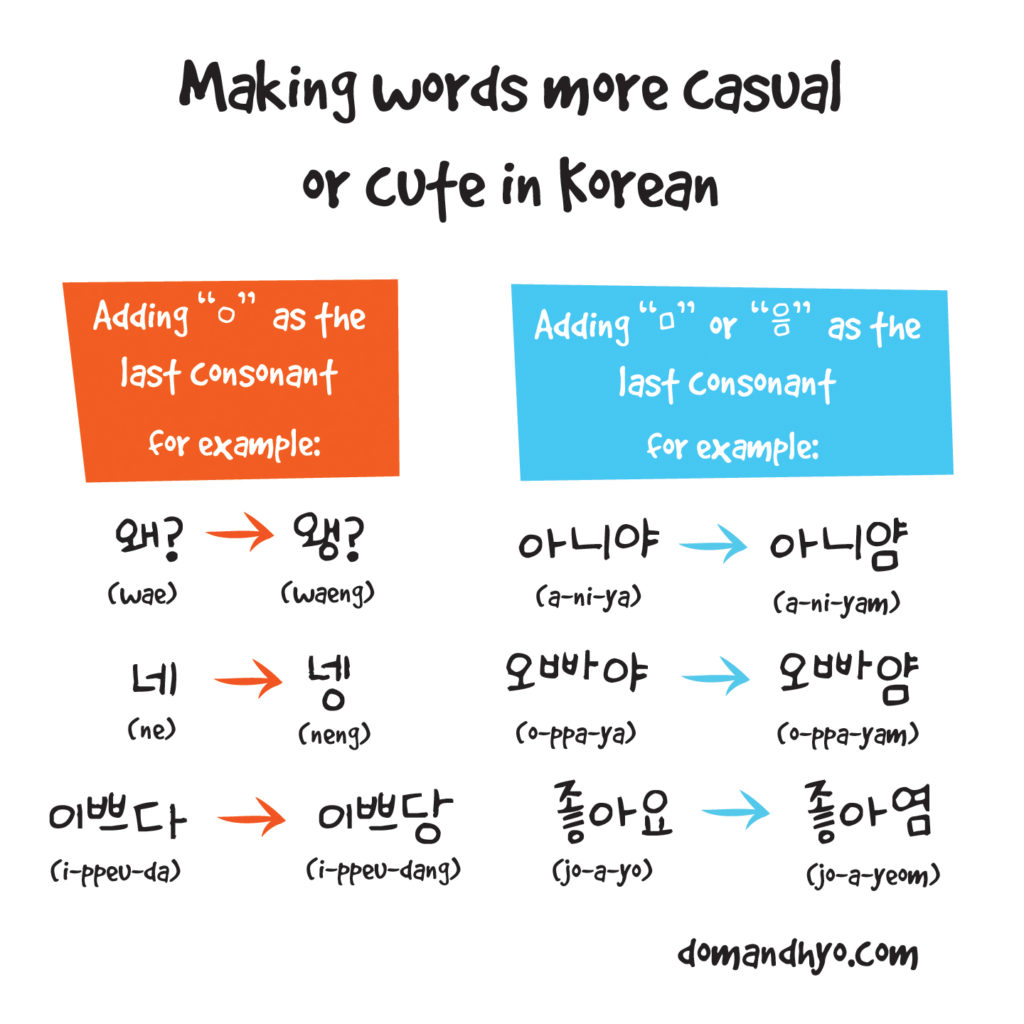 Making Words Cute Or Casual In Korean Learn Korean With Fun Colorful Infographics Dom Hyo
