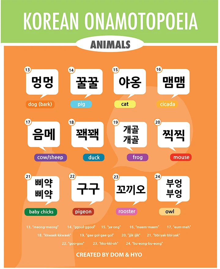 Korean Sounds (Onomatopoeia) (한국어 의성어) - Learn Korean with Fun & Colorful  Infographics